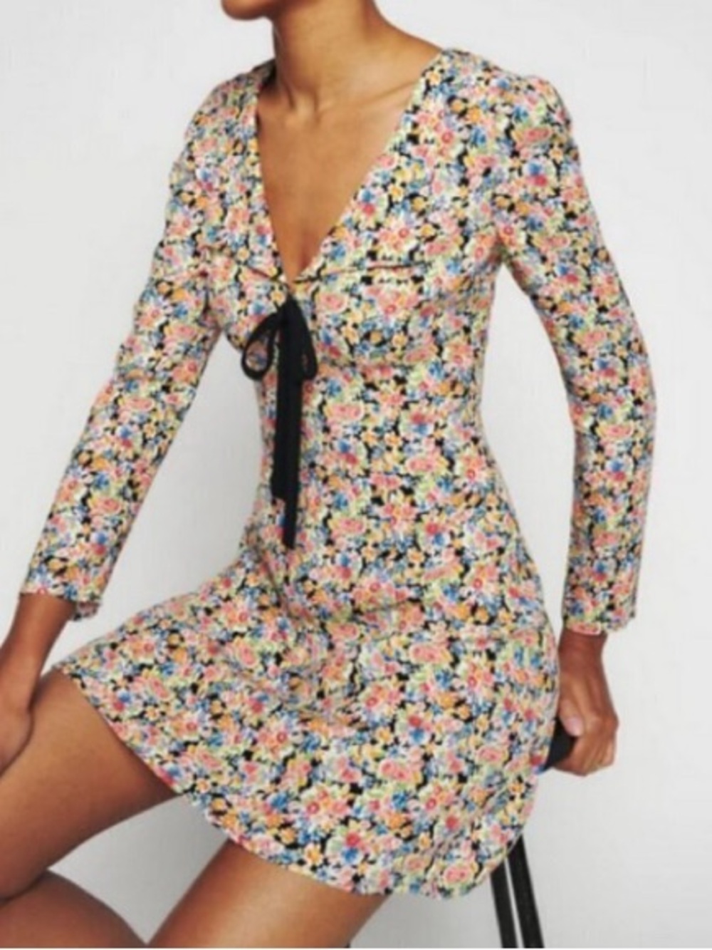 Reformation Mavis Dress features a vibrant "Trix" floral print  with long sleeve